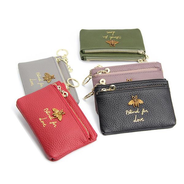 

new fashion luxury designer cute lovely 3d bee cowhide genuine leather small short mini zipper woman wallet with key ring231r, Red;black