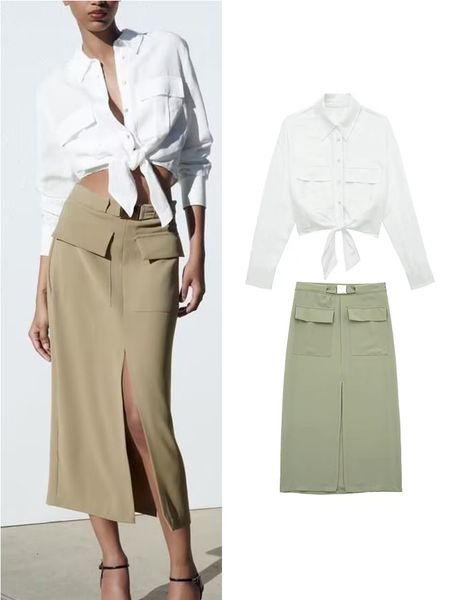 

two piece dress traf fashion women solid skirts sets 2023 summer female elegant single breasted bow shirts mid calf a line with belt 230306, White