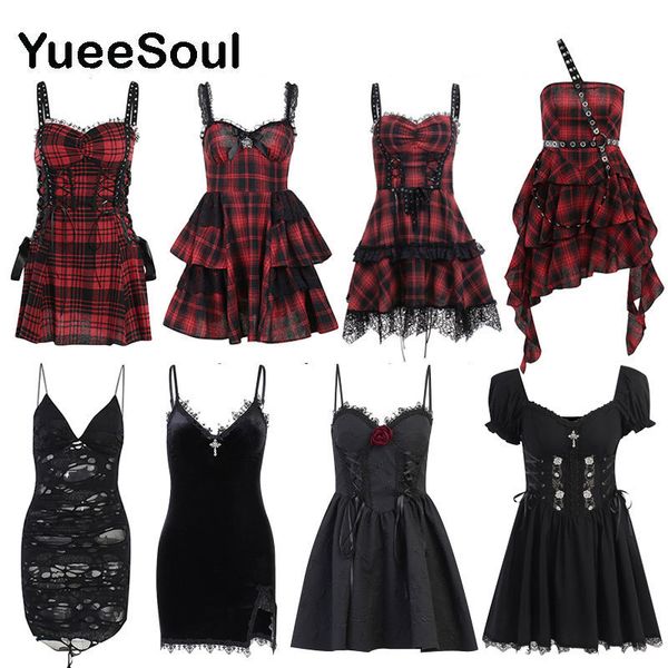 

casual dresses grunge gothic women dress lace trim high waist bodycon mini dress summer e-girl vintage punk harajuku lolita clothes 230307, Black;gray