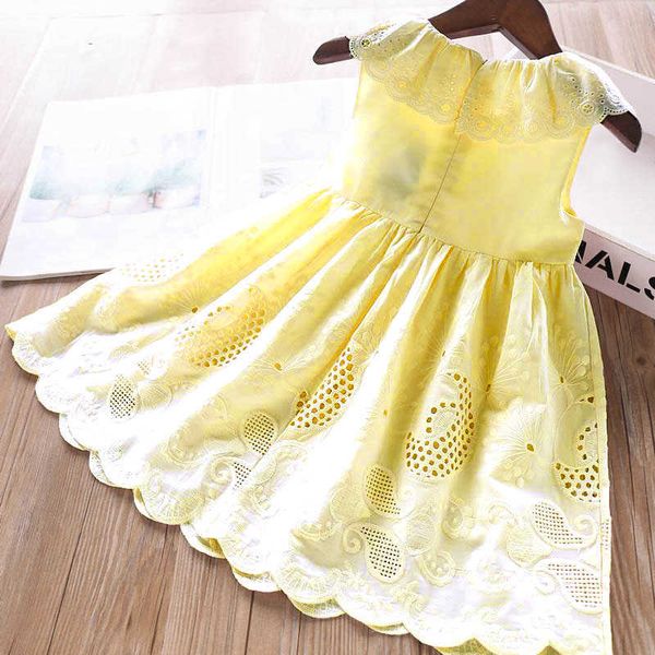

girl's dresses light yellow cotton lace girl dress r230719, Red;yellow