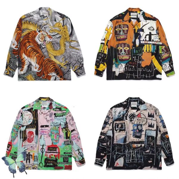 

men's casual shirts wacko maria cuban collar youth classic snake print hawaiian long sleeved shirt 230306, White;black
