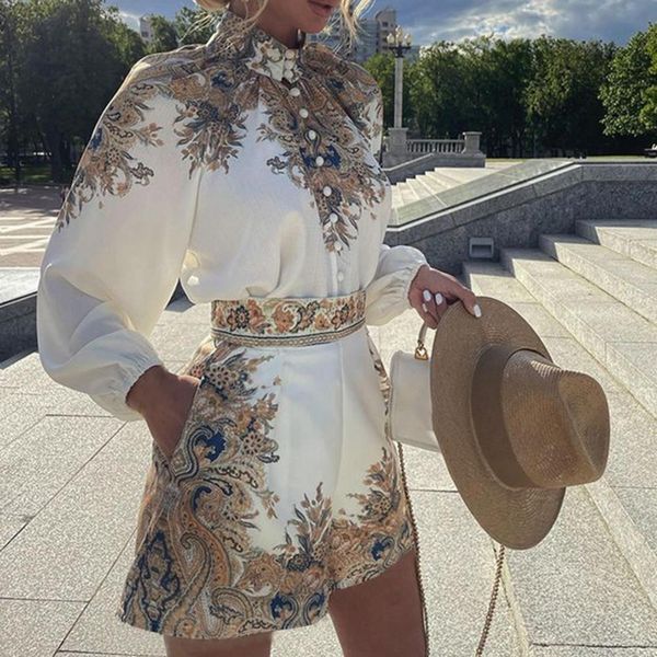 

women's two piece pants vintage blouse pattern print women turtleneck suit elegant buttoned pullover shorts set fashion lady 2pcs outfi, White