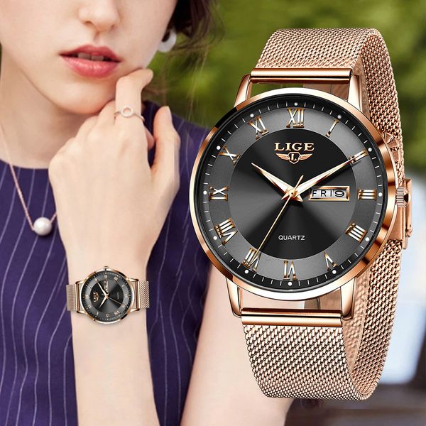 

womens watches lige women watch bracelet quartz clock movement simple waterproof rose gold stainless steel mesh ladies relogio feminino 2303, Slivery;golden
