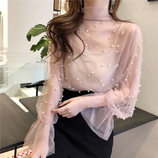 

women's blouses shirts s summer long flare sleeve bow tie mesh blouses women 2 pcs camistransparent mesh shirts women rivet pearl 2303, White
