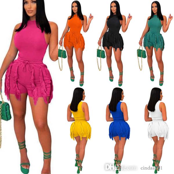 

designer womens clothing tracksuits two piece set tassel lace sleeveless shorts jumpsuits outfits, Gray
