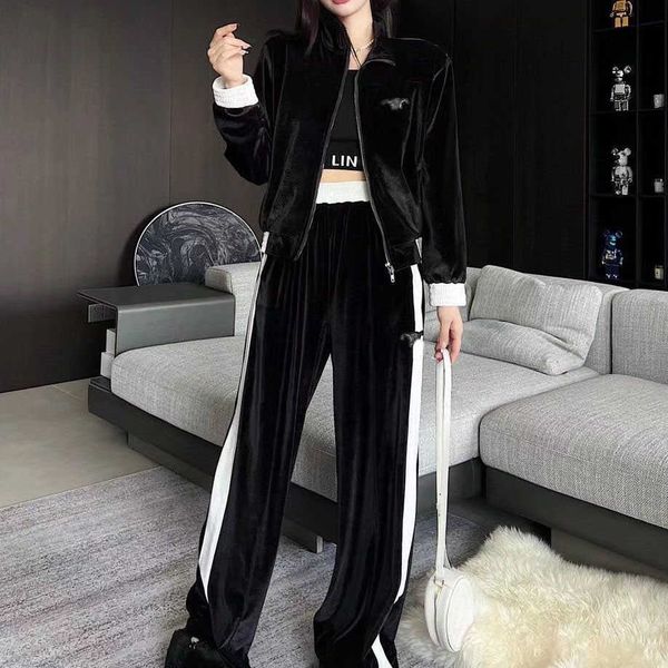 

23ss designer brand women sports casual suit velvet suit straight pants coat set autumn winter european trend womens clothing, Gray