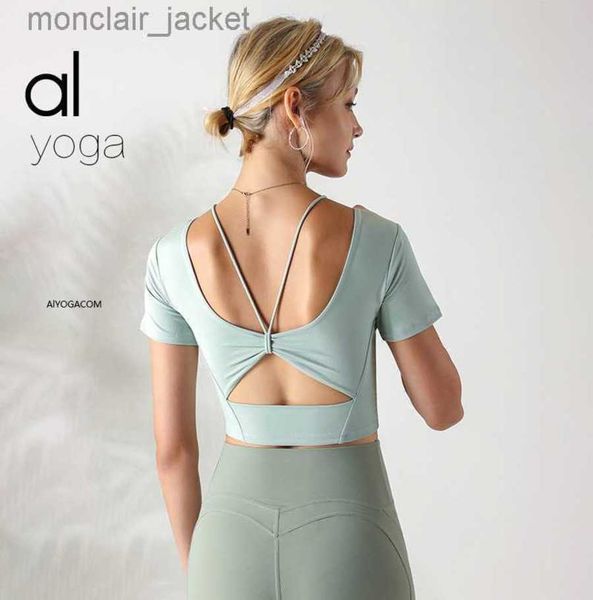 

designer alos yoga suit women's beautiful back with navel exposed short sleeve t-shirt cross fit elastic sports fitness underwear, White