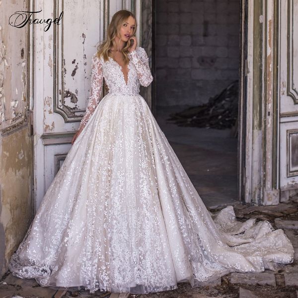

party dresses traugel v neck a line lace wedding elegant applique long sleeve zipper bride chapel train bridal gowns plus size 230306, White;black