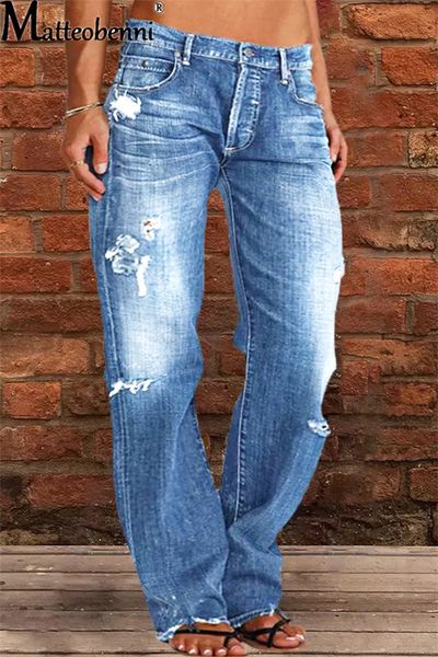 

women's plus size pants fashion stretch mid waist straight jean casual stitching denim female washable broken holes trousers streetwear, Black