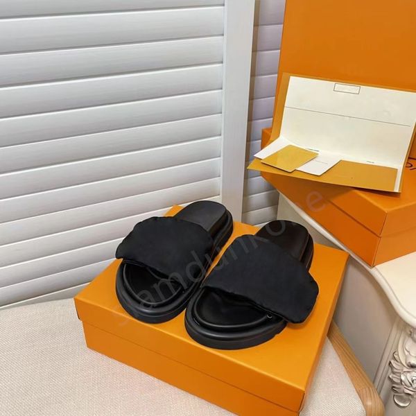 

with box men women luxury slippers waterfront embossed mule rubber slide pool pillow flat comfort slipper designer slides beach sandals summ, Black