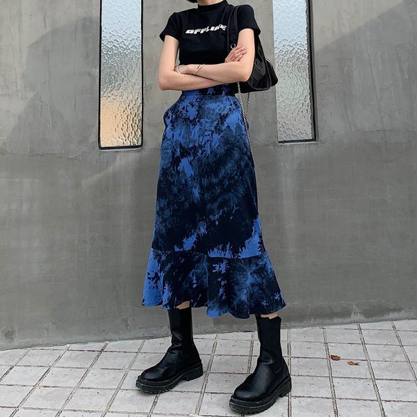 

skirts tie dye women punk gothic loose streetwear wind high waist female fashion arrival a line 230307, Black