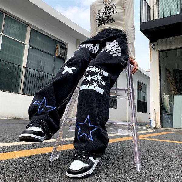 

women's jeans letter print straight loose womens retro high street oversize casual denim trousers harajuku washed hip hop jean pants 23, Blue