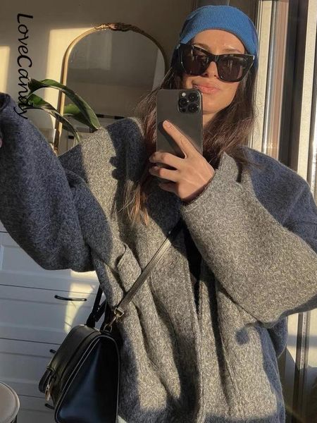 

women's jacket's casual loose stand collar jackets 2023 spring warm grey button long sleeve bombers fashion plush solid female out, Black;brown