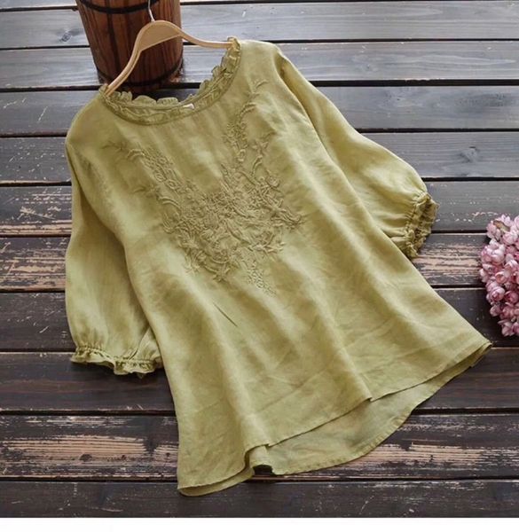 

women's tshirt summer harajuku midsleeve ethnic style cotton linen fashion clothes loose embroidered tshirt vetement femme 230306, White