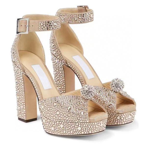 

2023 womens summer crystal chunky platform sandal shoes elegant high block heel square open toe ankle strap bling rhinestones, Black