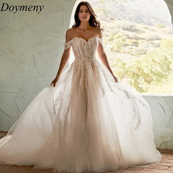 

party dresses doymeny bridal wedding dress sweetheart sweep train off the shoulder tulle applique button exquisite floral print robe de mari, White;black