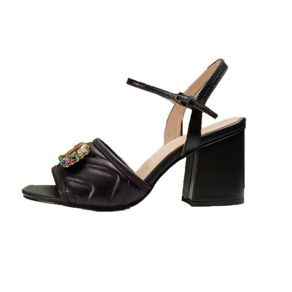 

classic designer high heel sandals party diamond leather heel suede women's metal buckle sandals thick heel women's shoes 34-42 wi, Black