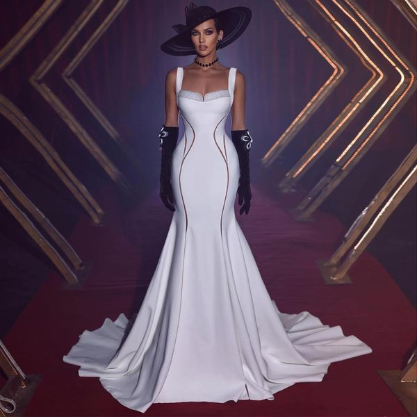 

designer white beaded mermaid prom dresses spaghetti straps evening gowns sweep train satin special occasion formal wear, Black