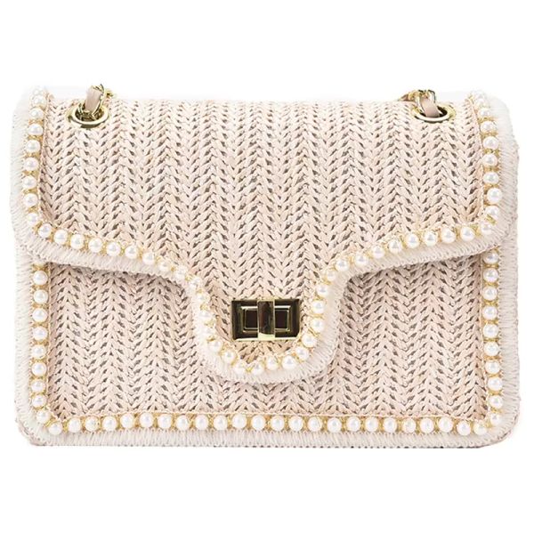 

weave square crossbody bag 2021 summer new high-quality straw womens designer handbag pearl chain shoulder messenger bag purses, Black;red