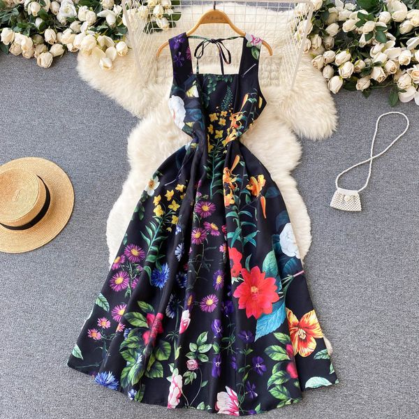 

casual dresses french chic floral print dress sleeveless square collar mid-calf rainbow jurk a-line dresses empire vestidos bodycon clothes, Black;gray