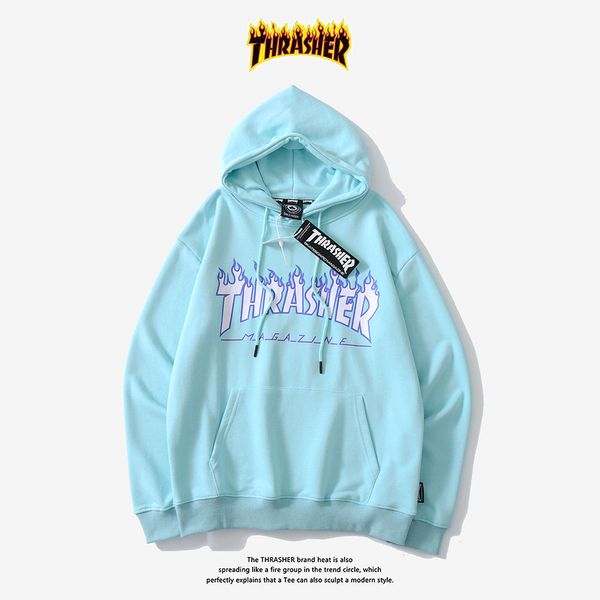 

autumn and winter thrasher flame plus fleece hoodie coat mens and womens loose pure cotton couple pullovers, Black
