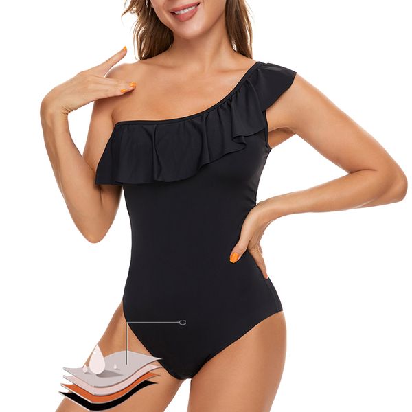 

feminine hygiene female solid black ruffled swimsuit women lace up monokini swimwear girl beach bathing suits 230306