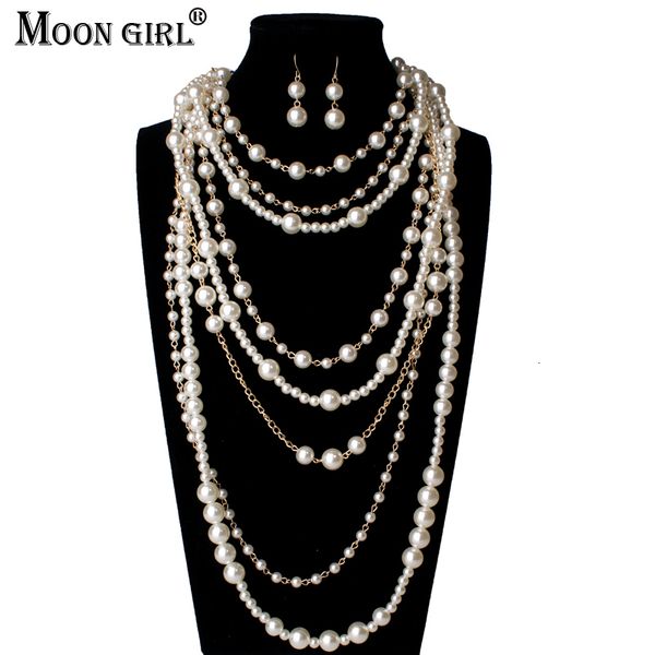 

pendant necklaces moon girl multi layer simulated pearls chain long trendy statement choker for women fashion jewelry 230307, Silver