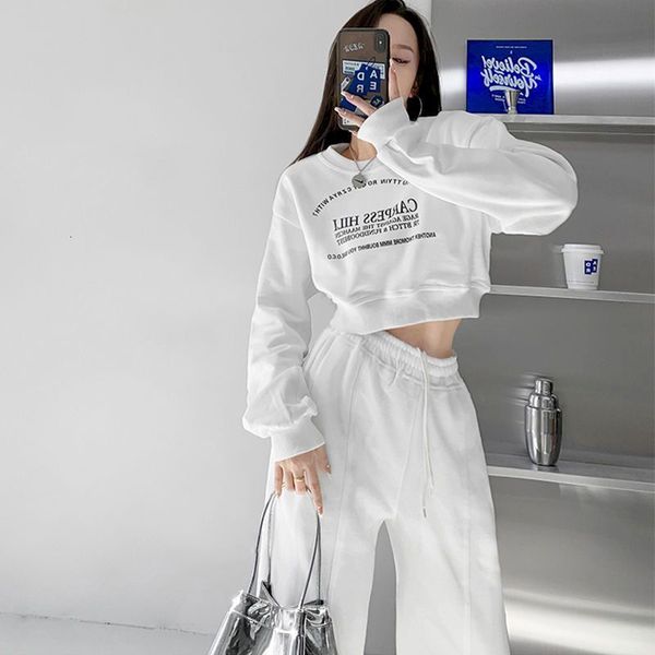 

women s two piece pants streetwear sports casual short hoodie y2k letter printed sweatshirts pullover harajuku hoodie and sweatpants set kor, White