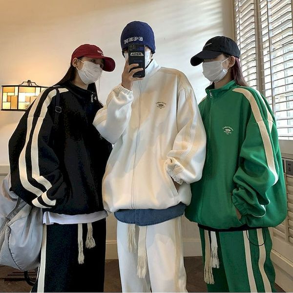 

women s two piece pants korean sportswear set s outifits 2023 kpop print couples zip up hoodies sweatshirts sweat set black 230307, White