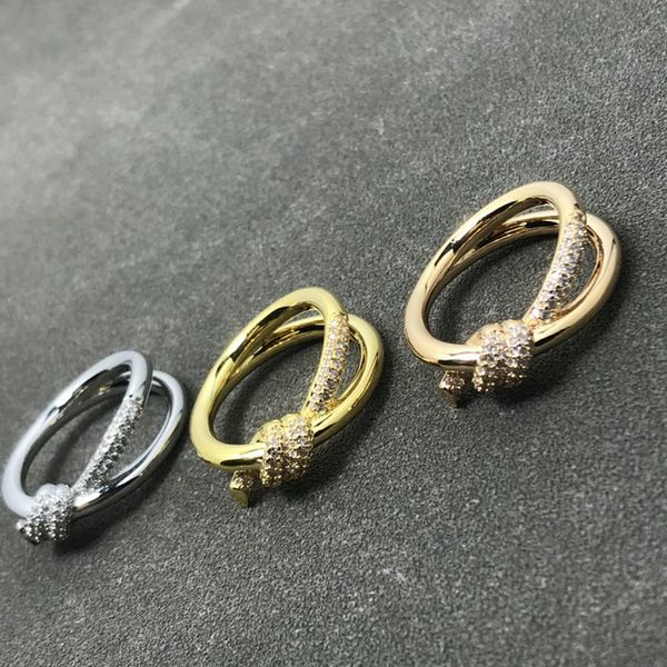 

18k gold plated double knot ring classic designer ring zircon women rope knot wedding gift factory wholesale with dust bag, Golden;silver