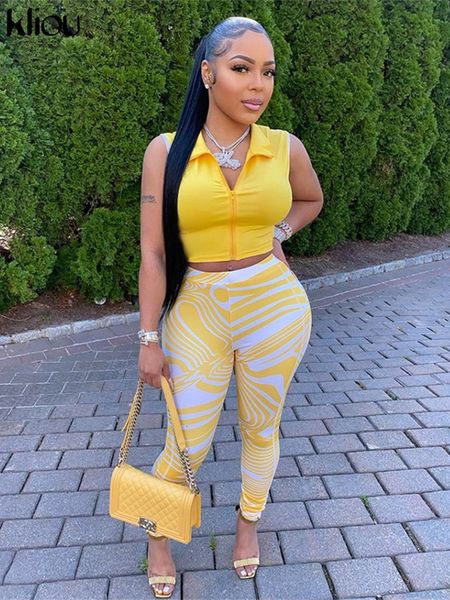 

women's two piece pants kliou casual set women sporty sleeveless crop skinny print leggings matching outfit female concise cool streetw, White
