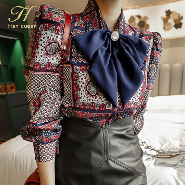 

women's blouses shirts h han queen winter elegant bow blouses women korean style casual vintage printing shirts simple office wear work, White