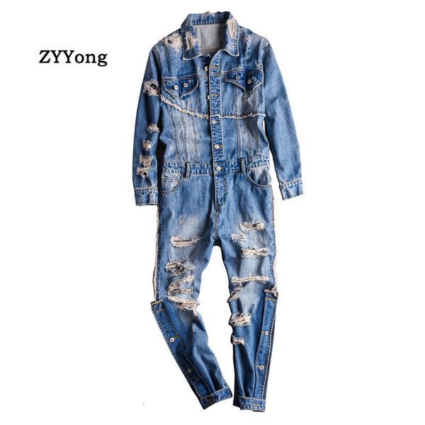 

men's jeans high street men denim jumpsuit hip hop streetwear hole ripped jeans overalls tattered cargo pants fashion freight trousers, Blue