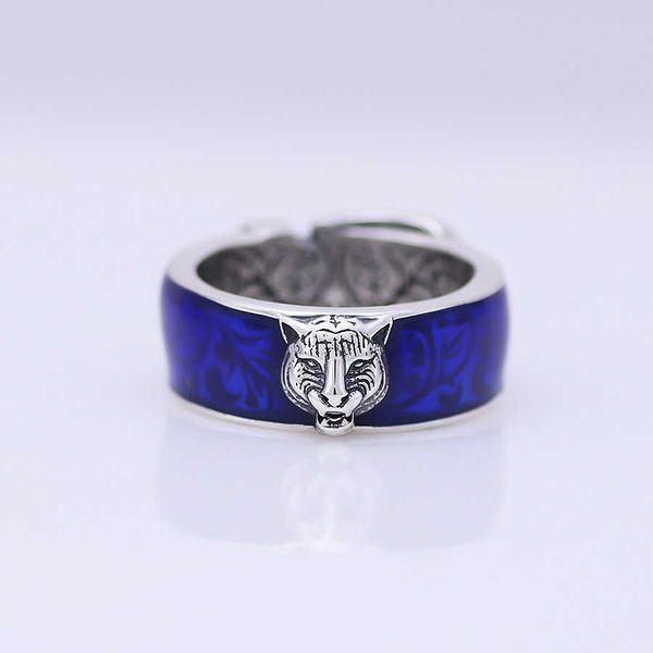 

2023 new luxury fashion jewelry for sterling silver tiger head blue enamel double men's belt buckle ins personality ring