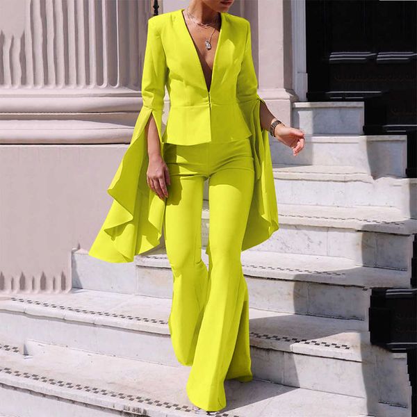 

women's two piece pants 2023 new spring goddess style temperament coat high waist flare pants fashion suit two piece women t230303, White
