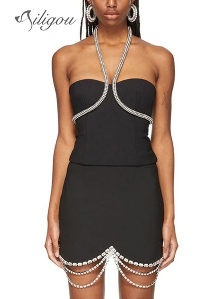 

two piece dress ailigou fashion halter vest mini skirt black twopiece female beaded tassel high waist suit streetwear 230307, White