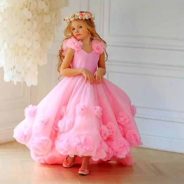

pink 3d appliqued high low flower girl dresses for wedding toddler pageant gowns v neck ruffled tulle backless kids prom dress, White;blue