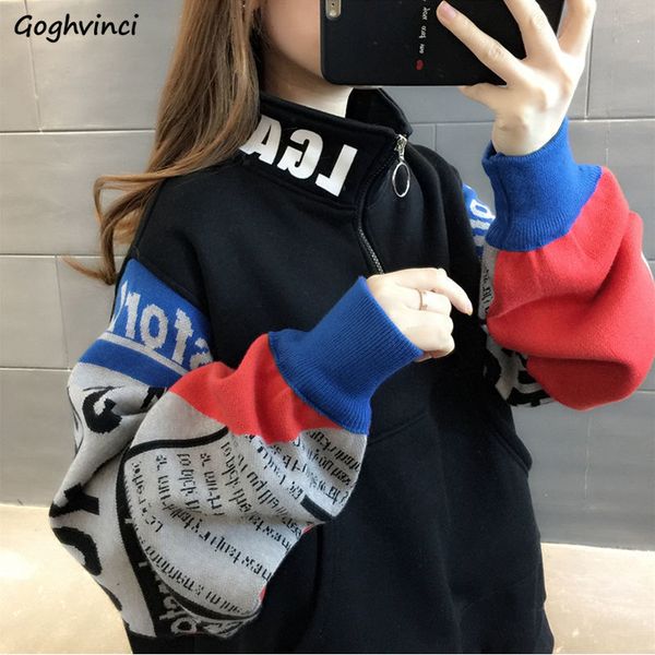 

women's hoodies sweatshirts hoodies women aesthetic thicker letter printed patchwork front pocket stand collar colorful all-match korea, Black