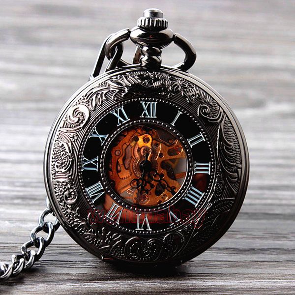 

pocket watches retro hand wind mechanical with fob chain mens hollow skeleton dial black steel fashion quartz gifts 230307, Slivery;golden