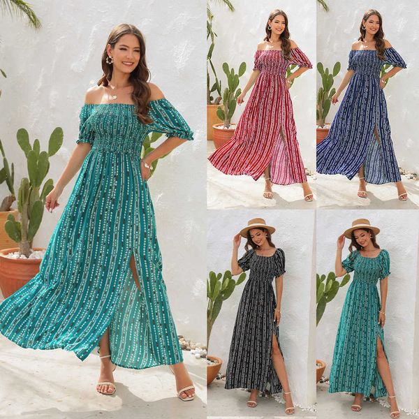 

casual dresses spring and summer 2023 new vertical stripe print split waist dress one-shoulder short sleeve holiday casual dress t230303, Black;gray
