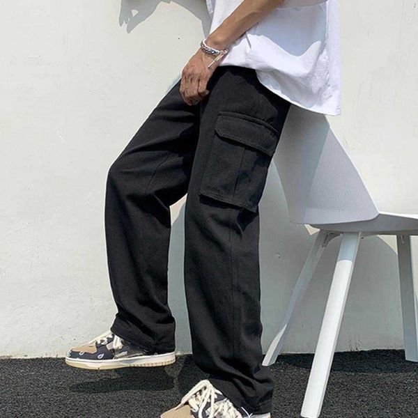 

men's pants men cargo pants solid color hiphop style loose pattern multi pockets elastic waist men cargo pants z0306, Black