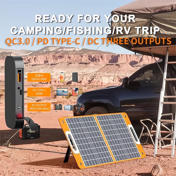 

outdoor solar panel foldable dc 18v 60w waterproof usb qc3.0 type-c battery charger portable power bank for tourist cells phone van rv trip