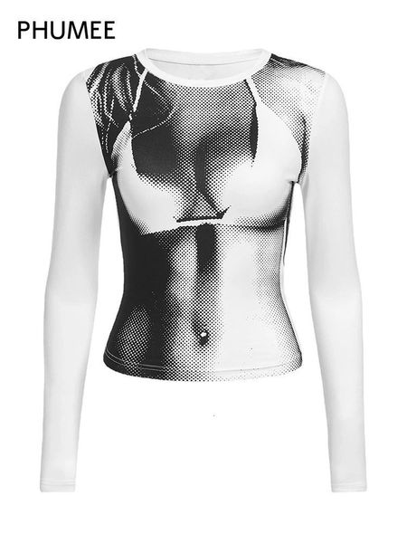 

women's tshirt phumee gothic body print crop tee shirt fall spring y2k korean fashion long sleeve oneck skinny tshirt streetwear 230306, White