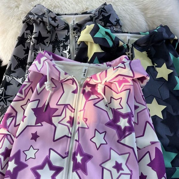 

women's hoodies sweatshirts american loose harajuku street hip hop star print zip hoodie women y2k casual fashion oversized sweatshirt, Black