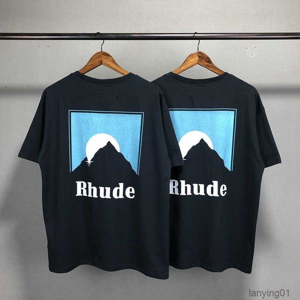 

1ss rhude t-shirt snow mountain snake printed street men short sleeve streetwear, White;black