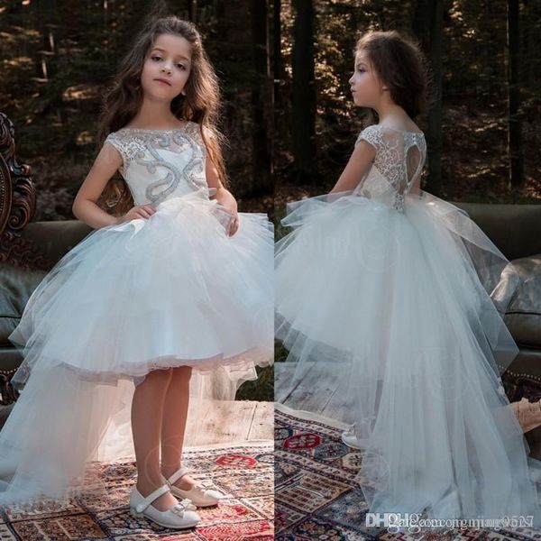 

high low crystal flower girls dresses for weddings lace appliqued princess tutu boho first communion dress pageant ball gowns, White;blue