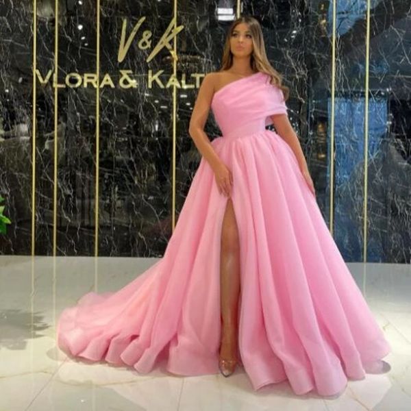 

pink organza formal evening dresses one shoulder side split puff tulle long party dress a-line prom dresses, Black;red
