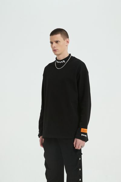 

spring and autumn letter embroidery t shirt middle high neck street fashion men and women casual loose long sleeve t-shirt, White;black