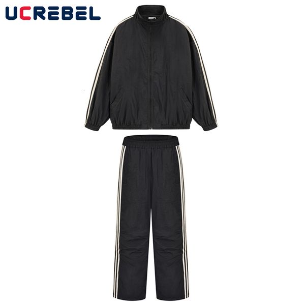 

men's tracksuits side-striped tracksuit set mens autumn winter stand collar loose zipper outerwear elastic waist casual pants men two-p, Gray