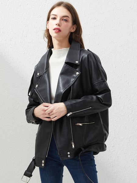 

women's jackets fitaylor pu faux leather women loose sashes casual biker outwear female bf style black coat 230307, Black;brown